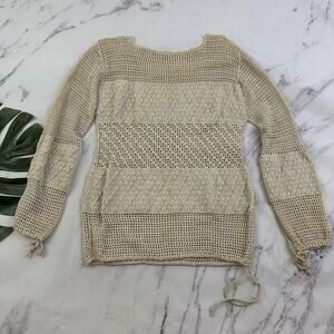 Vintage Y2k Crochet Knit Sweater Size S Cream Sheer Puff Sleeve Boho Cottage